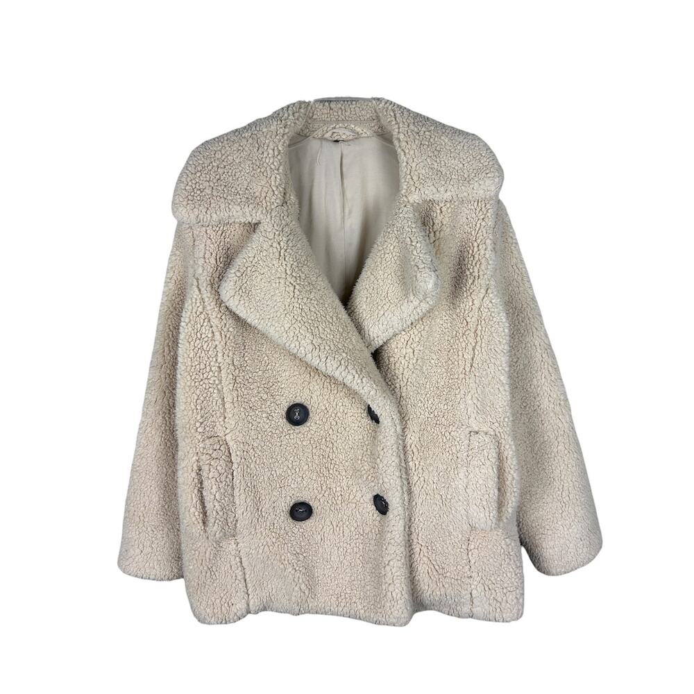 Free People Ivory Faux Sherpa Long Sleeve Button Front Fuzzy Teddy Coat S